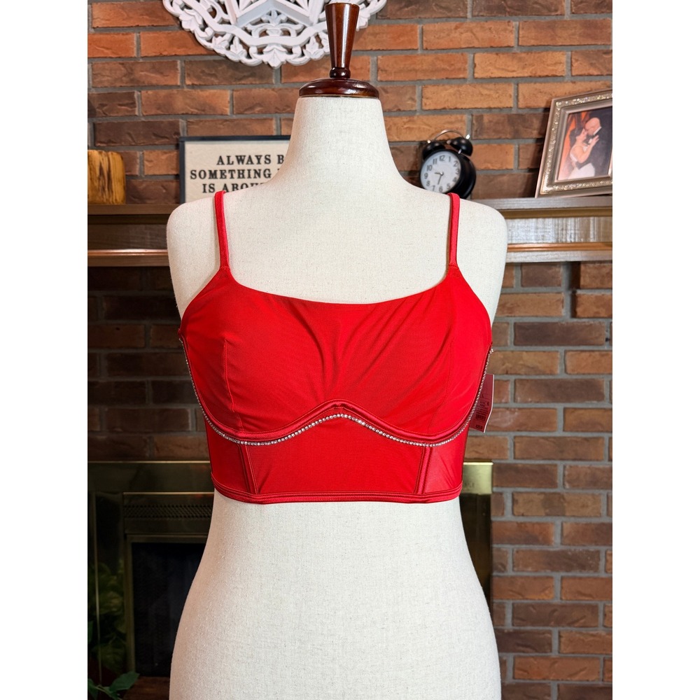 Auden Bralette Women Red Rhinestone Trim Mesh Longline Bustier Large NWT